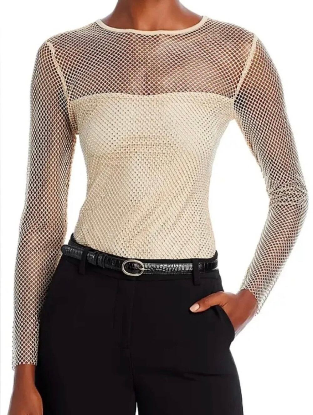 Aqua Crystal Mesh Long Sleeve Tan Beige Long Sleeve Top XS